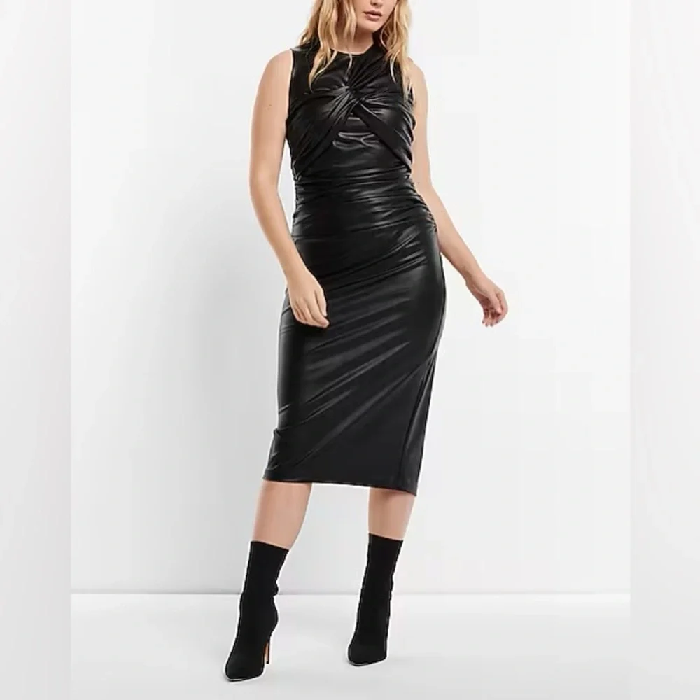 Body Contour Faux Leather Twist Front Midi Dress With Built-In Shapewear - Picture 3 of 5